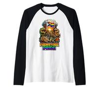 Prehistoric Pride Rainbow Dino Volcano Design Raglan Baseball Tee
