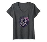 Prehistoric Soul Dinosaur Fossil Art for Paleontology Fans V-Neck T-Shirt, Women, Dark Heather Grey, M
