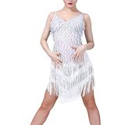 PRELGOSP Latin Dance Dress for Women, Sleeveless Sequin Tassel Dress, 1920s Salsa Samba Rumba Cha Cha Tango Jazz Dress, Cocktail Party Flapper Dance Costume,white