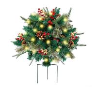 Prelit Artificial Christmas Tree Urn Filler with Multiple Light Effects and Sturdy Tripod Stake for Secure Setup on Pathways, Patios, and Indoor Spaces (Gold + red berry)