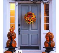 Prelit Autumn Wreath with Artificial Maple Leaves and Sunflowers