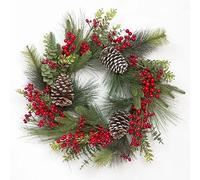 Prelit Battery Operated Christmas Wreath 60cm Decorated with Red Berries, Pine Cones, Mixes Pine Tips - Front Door Room Wall Home Hanging Xmas Decorations