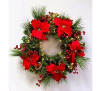 Prelit Battery Operated Christmas Wreath 60cm Decorated with Red Poinsettias, Berries, Pine Cones - Front Door Room Wall Home Hanging Xmas Decorations