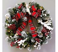 (60cm Wreath Tartan Ribbon) Pre Lit Christmas Wreath Garland Berry cone Wall Door Home Xmas Hanging Ornament