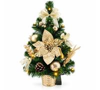 Prelit Christmas Tree 50cm LEDs Mini Tabletop Burlap Base Artificial Gold | Battery Operated, Small Christmas Tree, Warm White Lights, Poinsettia, Pinecone, Berries, Festive Table Displays, Home Décor