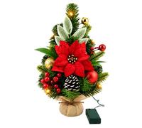 Prelit Christmas Tree 50cm LEDs Mini Tabletop Burlap Base Artificial Red | Battery Operated, Small Christmas Tree, Warm White Lights, Poinsettia, Pinecone, Berries, Festive Table Displays, Home Décor
