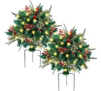 Prelit Planter Bushes Christmas, Pre Lit Planter Bushes, Christmas Pot Fillers Outdoor Front Porch, Christmas Holiday Planter Filler, Lighted Artificial Xmas Pine Trees with Cones And Berries,2PCS