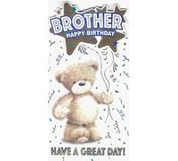 Prelude Brother Happy Birthday Greeting Card, Cute Teddy Bear with Star Balloons, Confetti Design