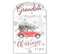 Prelude Christmas Card for a Wonderful Grandson, Festive Red Car & Christmas Tree Design