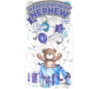 Prelude Nephew Birthday Card, Teddy Bear & Balloons Design, Blue, Silver and Purple