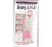 prelude New Baby Girl Card ~ On The Birth Of Your Beautiful Daughter ~ Baby Bear In Moses Basket Slim Card.