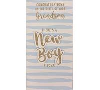 Prelude New Grandson Baby Boy Greeting Card, Congratulations on the Birth, Gold Glitter 'New Boy in Town' Design
