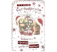 Prelude Son & Daughter-in-Law Christmas Card, 15 x 23 cm, Teddy Bears Decorating Tree