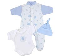 Premature Early Baby Boys Clothes 3 Piece Set - Sleepsuit, Bodysuit & Hat 3.5-5.5lb BLUE TEDDY 38-44cm