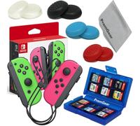 PremGear Neon Pink/Neon Green Joy-Con (L-R) for Nintendo Switch, Thumb Grips (8 pack - Black, Blue, Red & Clear), 24 Slot Game Card Holder & Cleaning Cloth