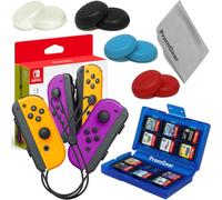 PremGear Neon Purple/Neon Orange Joy-Con (L-R) for Nintendo Switch, Thumb Grips (8 pack - Black, Blue, Red & Clear), 24 Slot Game Card Holder & Cleaning Cloth