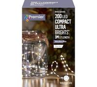 Premier 200 LED Compact Ultra Brights Battery Operated Lights White/Warm White with Silver Wire, Indoor String Lights with 3m Lit Length