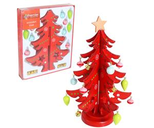 Premier 25cm Wooden Christmas Tree with Ornaments - Red