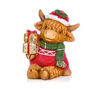 Premier 26cm Lit Highland Cow Christmas Ornament - Battery Operated Festive Figurine with LED Gift Boxes & Red Jumper