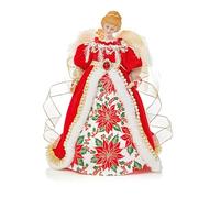 Premier 30cm Red and Gold Angel Tree Topper with Porcelain Face, Feathered Wings and Poinsettia Design - Traditional Christmas Tree Decoration