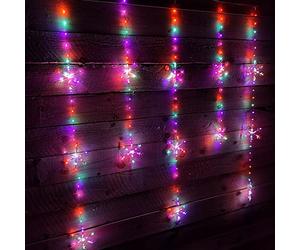 Premier 390 LED 1.3m x 1.2m Christmas Snowflake Curtain Lights in Static Rainbow & Twinkling Orange