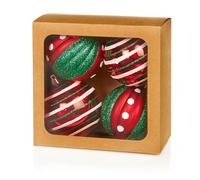 Premier 4 Pack of 8cm Red and Green Christmas Baubles - Boxed Shatterproof Ornaments with Glitter Stripes and Polka Dot Designs