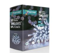 Premier 50 Battery Operated White LED Timelights, 5m Lit Length, Clear Cable, Multi-Action with Timer Function, Indoor and Outdoor Use