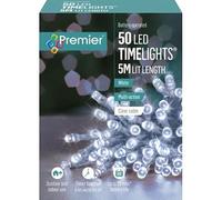 Premier 50 Battery Operated White LED Timelights, 5m Lit Length, Clear Cable, Multi-Action with Timer Function, Indoor and Outdoor Use