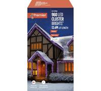 Premier - 960 LED Rainbow (Purple, Pink, Turquoise, Orange) Multi-Action Christmas Cluster Lights with Green Cable and Timer, 12.4m