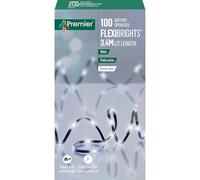 Premier Battery Operated 100 White Flexbrights Cable Lights, Multi-Action with Timer Function, Indoor/Outdoor Use, 3.4m Lit Length and Green Cable