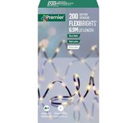 Premier Battery Operated 200 Warm White Flexibrights Cable Lights, Multi-Action with Timer Function, Indoor/Outdoor Use, 6.9m Lit Length and Green Cable