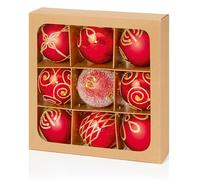 Premier Box of 9 Shatterproof Red Christmas Baubles with Gold Glitter Finish Assorted Design Xmas Tree Décor Festive Hanging Decorations