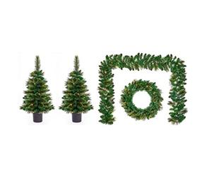 Premier Christmas Door & Porch Decoration Set Pre Lit Plain Cashmere Artificial Wreath Garland & Christmas Trees On Timer