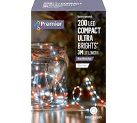Premier Decorations 200 Blue White Red LED Compact Ultrabright Silver Wire Battery Operated Lights 3m Lit Length