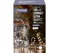 Premier 200 LED Compact Ultra Brights Battery Operated Lights White/Warm White with Silver Wire, Indoor String Lights with 3m Lit Length