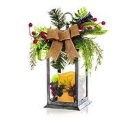 Premier Decorations Battery Operated Led Candle in a Decorative 31 centimeter Brushed Metal Lantern in Various Designs (Brushed Silver wit Cones & Bow)