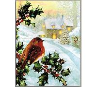 Premier Decorations Battery Operated Light Up LED Robin on a Holly Bush Christmas Art Print, Unframed, 40 x 30 cm, Living Room