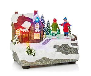 Premier Decorations Christmas 14cm Battery Operated LED Lit Village Scene - House and Skaters Design