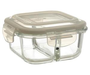 Premier Housewares 0.38kg Glass Container Clear Borosilicate Glass BPA-free Silicone Seal Lid 2 Storage Compartments Microwave Safe 13cm x 7cm x 13cm