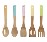 Premier Housewares 0805460 5-Piece Bamboo Kitchen Utensil Set with Pastel Handles - Spoon, Turner, Fork, Slotted Spatula & Slotted Spoon