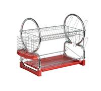 Premier Housewares 2 Tier Dish Drainer, Dish Rack with Drip Tray, Sink Caddy - Chrome/Red