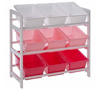 Premier Housewares 3 Tier Storage Unit, 9 Plastic Bins, White/Pink, Pine Wood