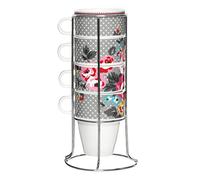 Premier Housewares 330 ml Espresso Cups Set of 4 Coffee Cups Bone China Mug Holder Chrome Stacking Cups Latte Mug 10.5x11x8.5(Each Mug)25x11x11(Stand)