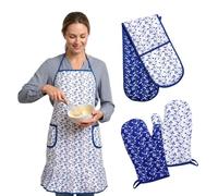 Premier Housewares 3pc Oven Glove and Apron Set, Blue Rose