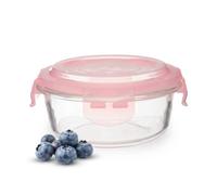 Premier Housewares 400ml Round Glass Food Container With Pink BPA-Free Lid Airtight Food Storage Container, Borosilicate Glass, 13x6x13 cm