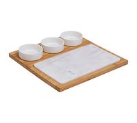 Premier Housewares 5 Pieces White Marble/Ceramic Serving Board Bamboo Wood Serving Tray With Marble Insert Three Ceramic Bowls Minimalistic Paddle Board 28 x 4 x 28