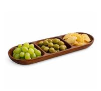 Premier Housewares Acacia Wood 3 Compartment Serving Dish - Oval Wooden Serving Tray for Snacks, Dips & Appetisers, Natural Solid Wood Platter