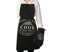 Premier Housewares Black 2pc Single Oven Glove and Apron Set, Vintage Style