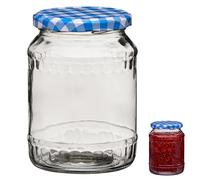 Premier Housewares Blue Gingham Lid 630ml Clear Glass Jar | Durable Storage Container With Screw Top Lid | Glass Kitchen Jar For Tea Coffee Sugar Jam Storage Solution