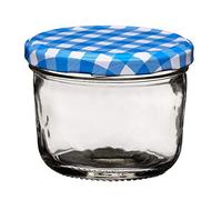 Premier Housewares Clear Glass Jar with Blue Gingham Lid - 150ml/ Clear Glass Base and Gingham Lid/Easy to Clean Jars/Organizing Glass Jars/Glass Jars With Lids/ W9 x D9 x H7cm/ Weight 0.178.
